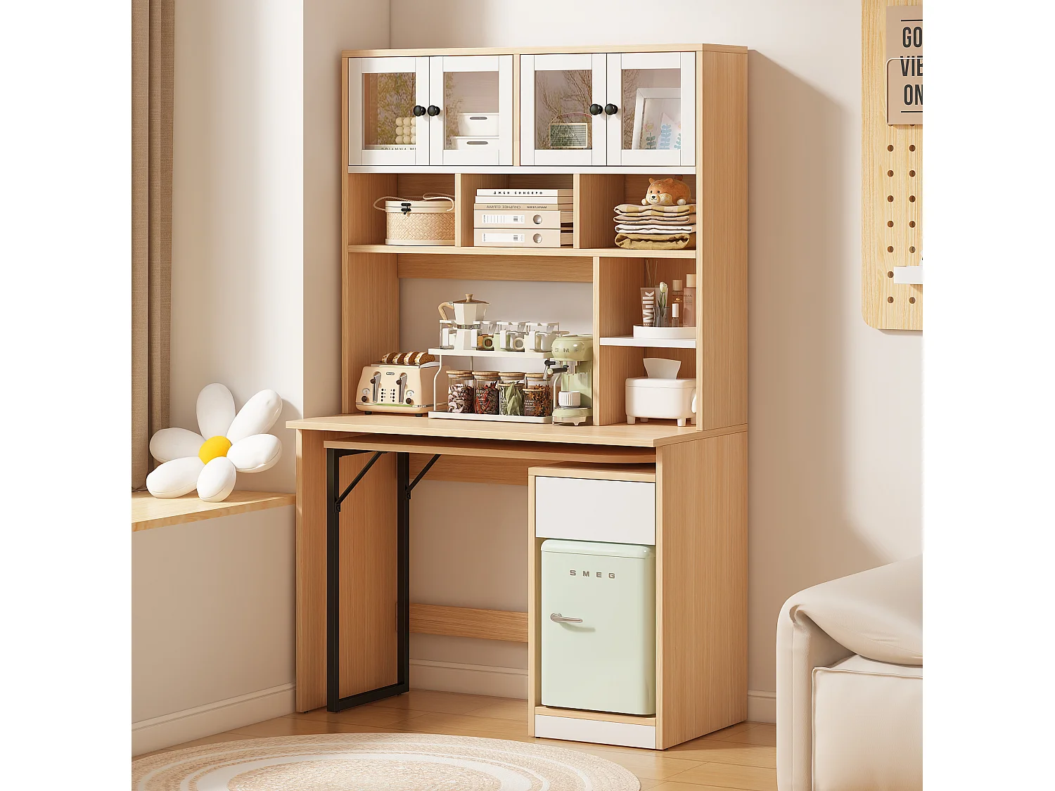 Biurko komputerowe rozkładane z regałem na książki - 110 x 55 x 180 cm - drewno MDF - naturalny + biały 3913228 - obrazek 1