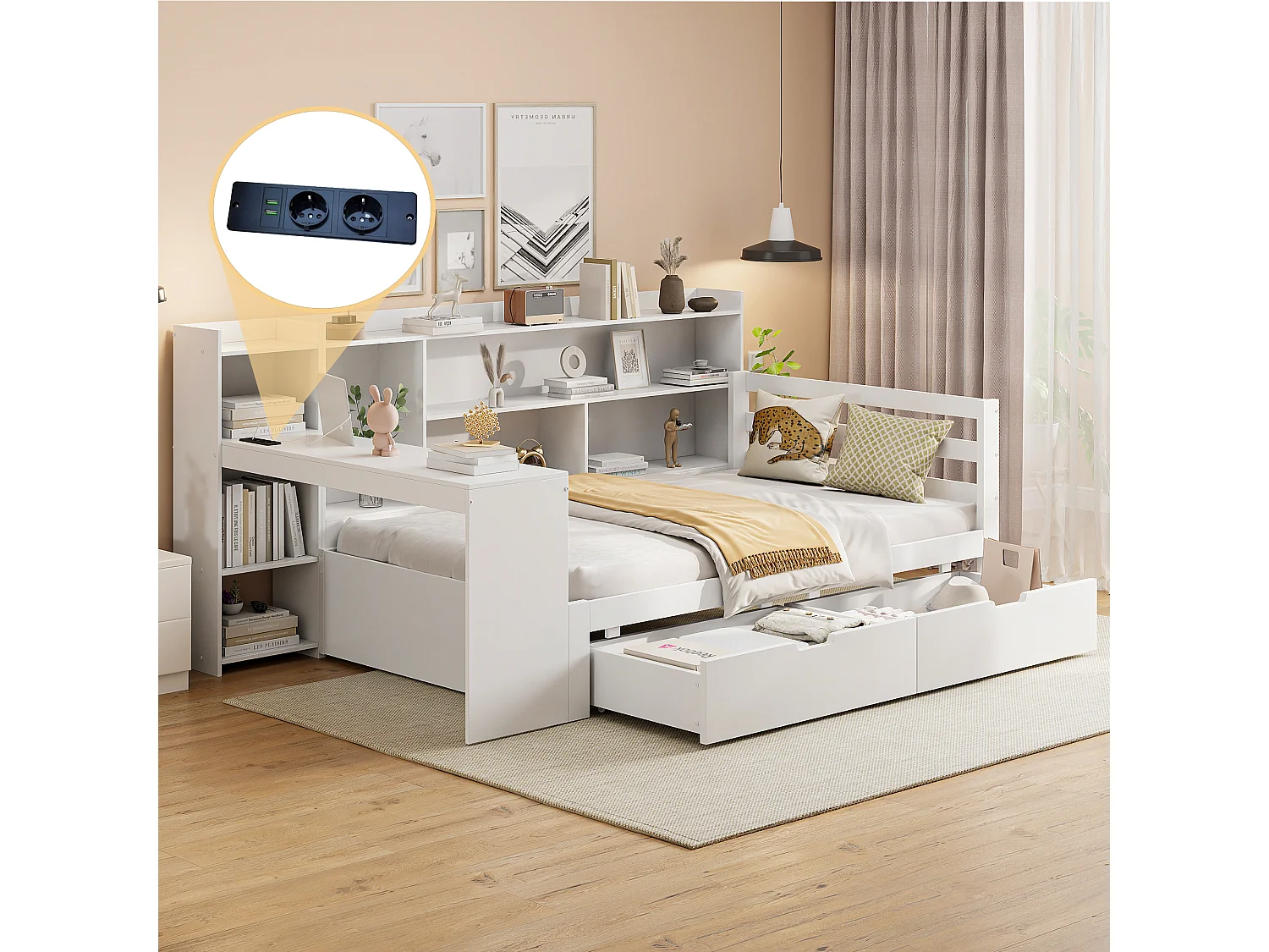 Łóżko 90 x 200 cm z wezgłowiem i 2 szufladami - biurko, przegródki i porty USB - Sosna + sklejka + MDF - Białe 3957592 - obrazek 1
