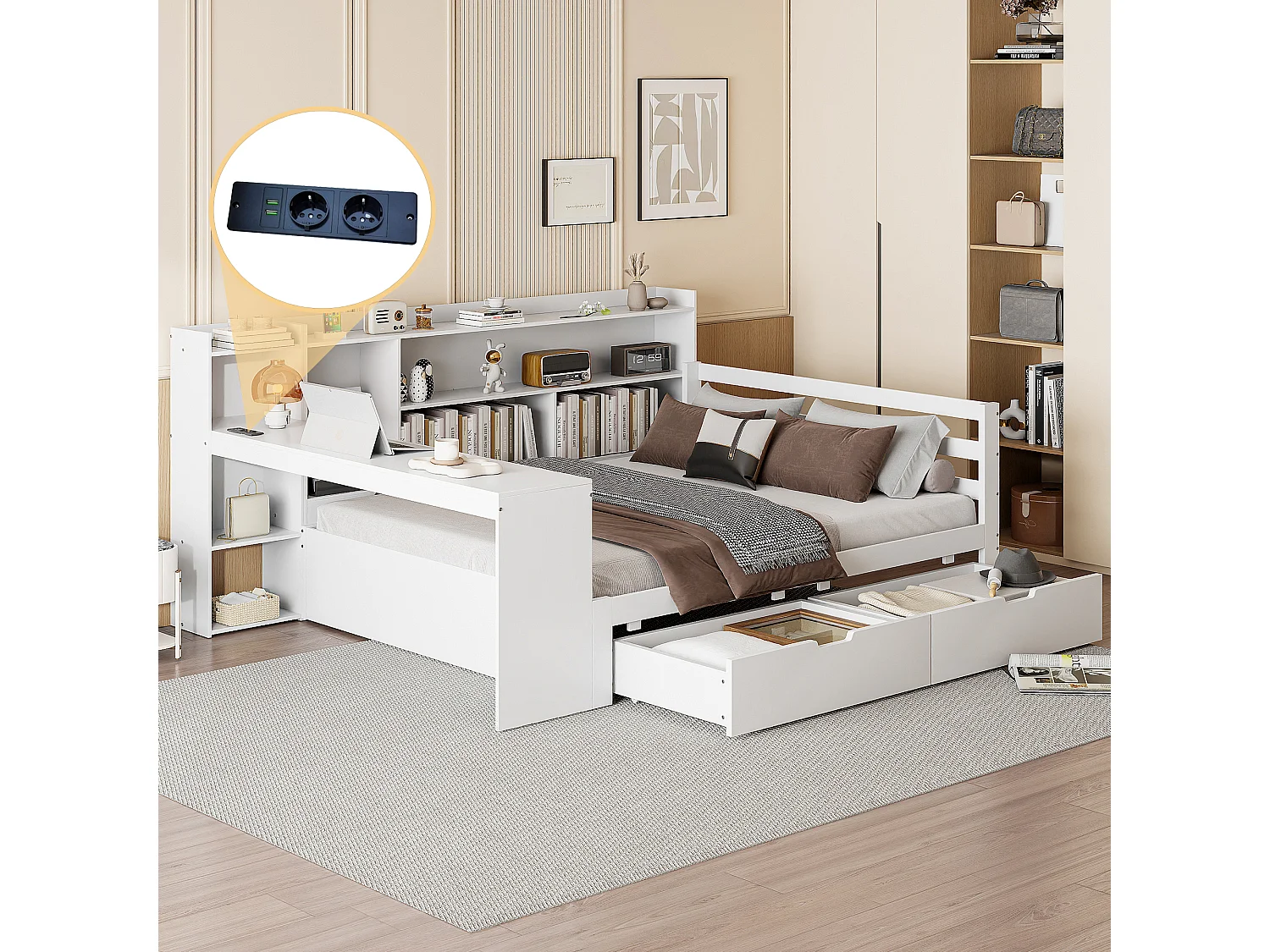 Łóżko 140 x 200 cm z wezgłowiem i 2 szufladami – biurko, przegródki i porty USB – Sosna + sklejka + MDF – Białe 3957600