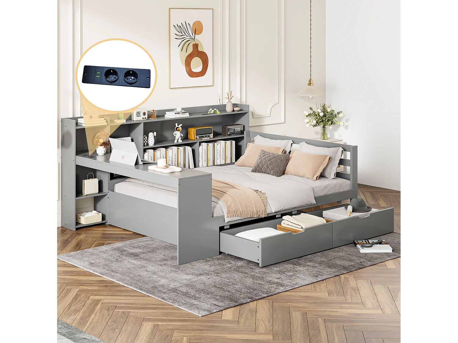 Łóżko 140 x 200 cm z wezgłowiem i 2 szufladami - biurko, przegródki i porty USB - Sosna + sklejka + MDF - Szare 3957597 - obrazek 1
