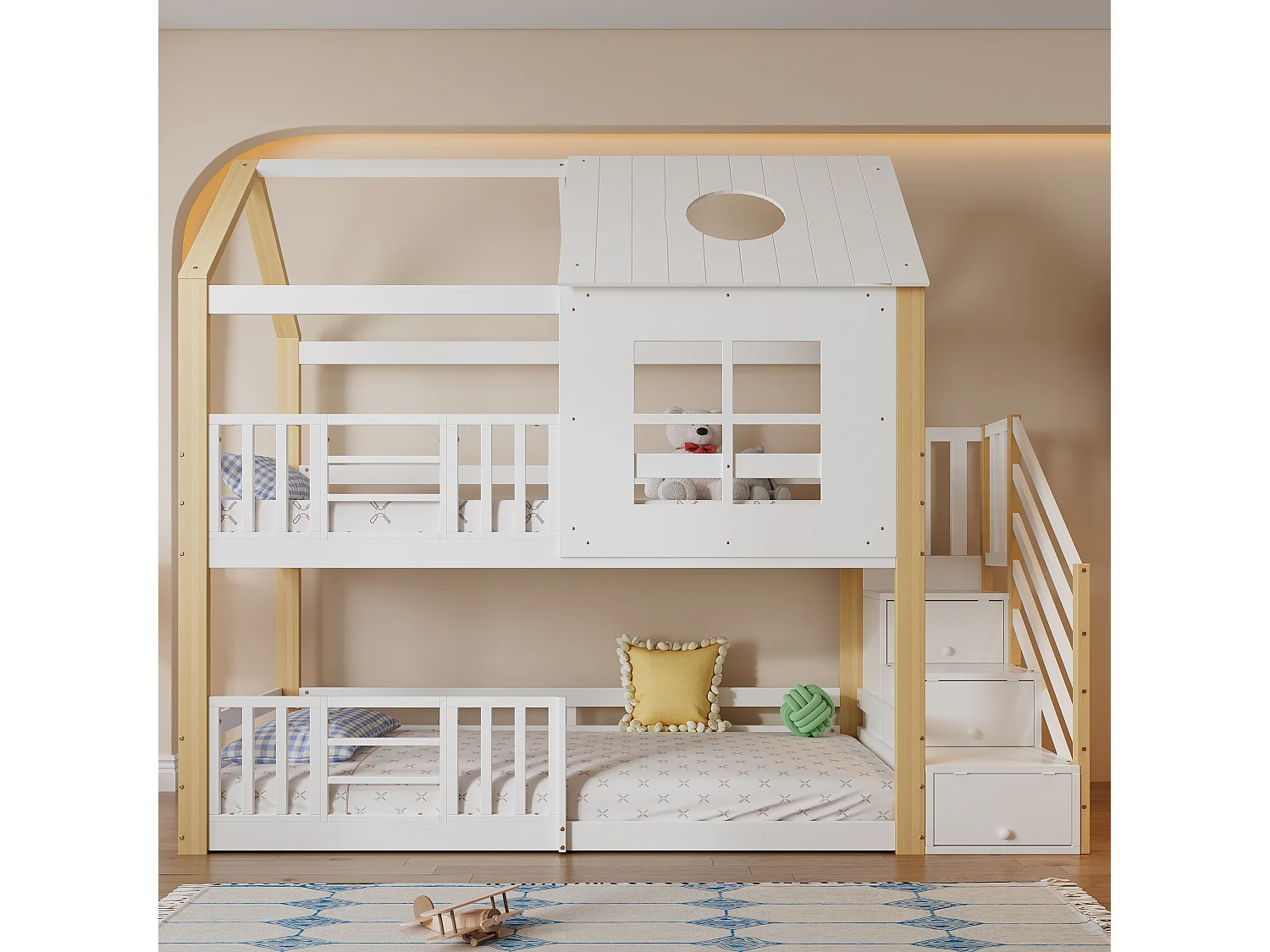 Łóżka piętrowe 2 x 90 x 200 cm z oknem i dachem – 3 szuflady – Sosna + MDF – Białe + naturalne 3957673