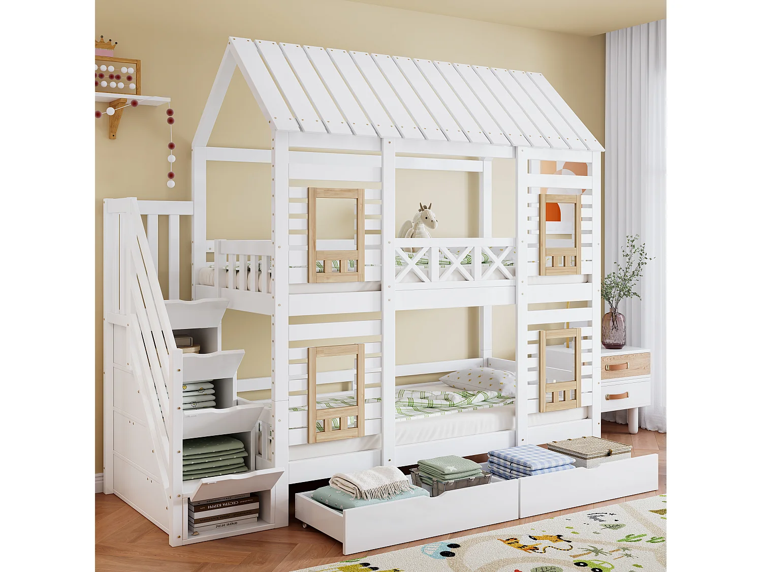 Łóżka piętrowe 2 x 90 x 200 cm z 2 szufladami i 4 schowkami – Sosna + MDF – dla dzieci – Biały + naturalny 3957683