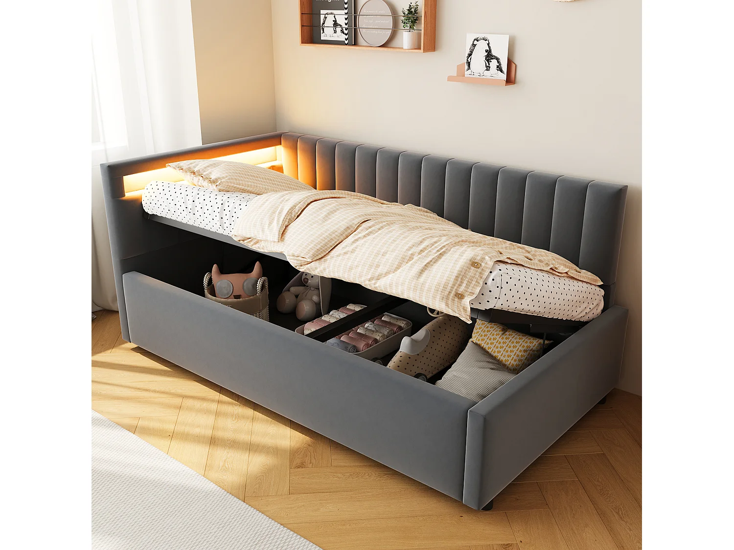 Łóżko 90 x 200 cm ze schowkiem i wymiennym zagłówkiem - LED - Aksamit - Ciemnoszary 3957717 - obrazek 1