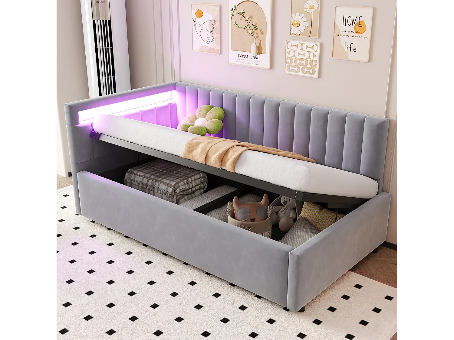 Łóżko 90 x 200 cm ze schowkiem i wymiennym zagłówkiem - LED - Aksamit - Jasnoszary 3957723 - obrazek 1