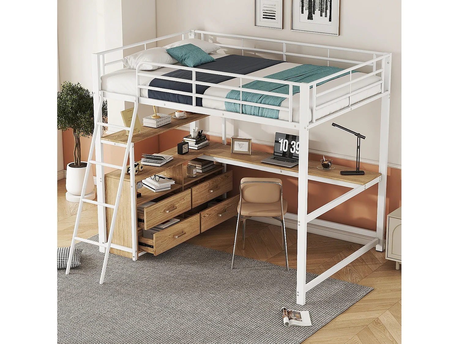 Łóżko antresola 140 x 200 cm z narożnym biurkiem w kształcie litery L i 4 szufladami - Metal - Białe (bez materaca) 3961497 - obrazek 1