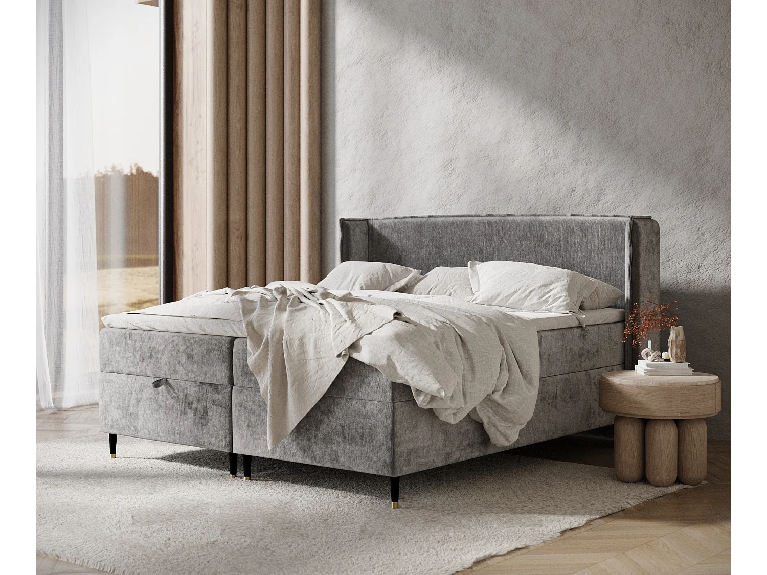 Łóżko boxspring w tkaninie szenilowej Monpelli – materac – topper – 140×200 cm – szary 3980783