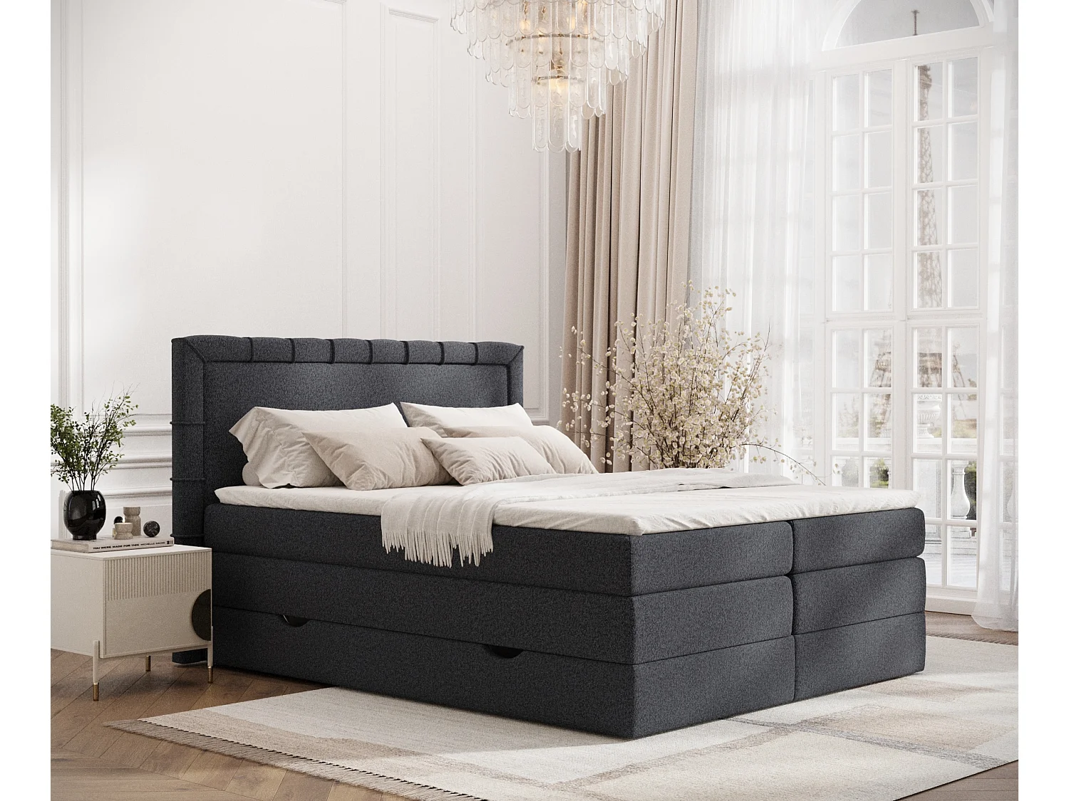 Łóżko boxspring w tkaninie plecionej Rosabel - materac - topper - 200x200 cm - czarny 3980785 - obrazek 1