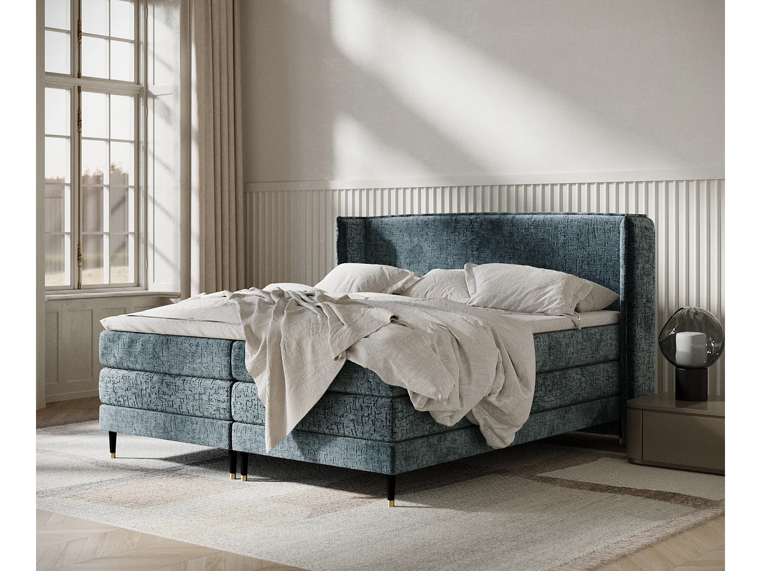 Łóżko boxspring w tkaninie szenilowej Carizzo - materac - topper - 160x200 cm - niebieski 3980791 - obrazek 1