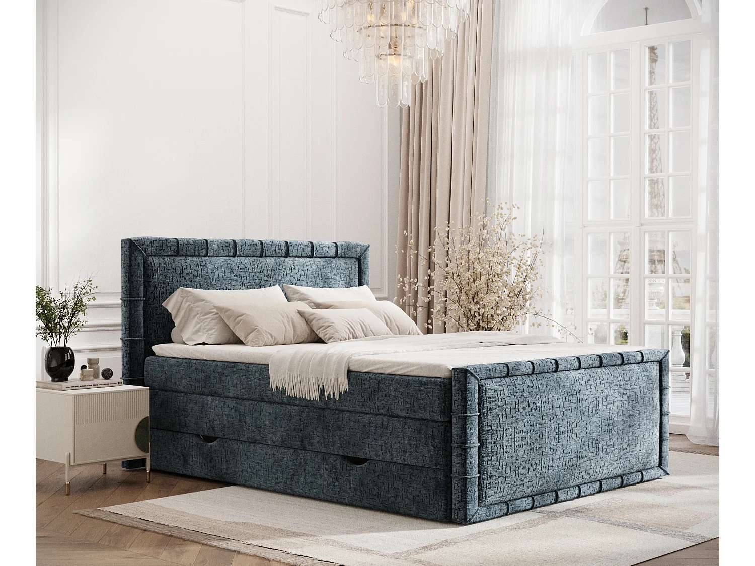 Łóżko boxspring w tkaninie szenilowej Estelle - materac - topper - 160x200 cm - niebieski 3980794 - obrazek 1
