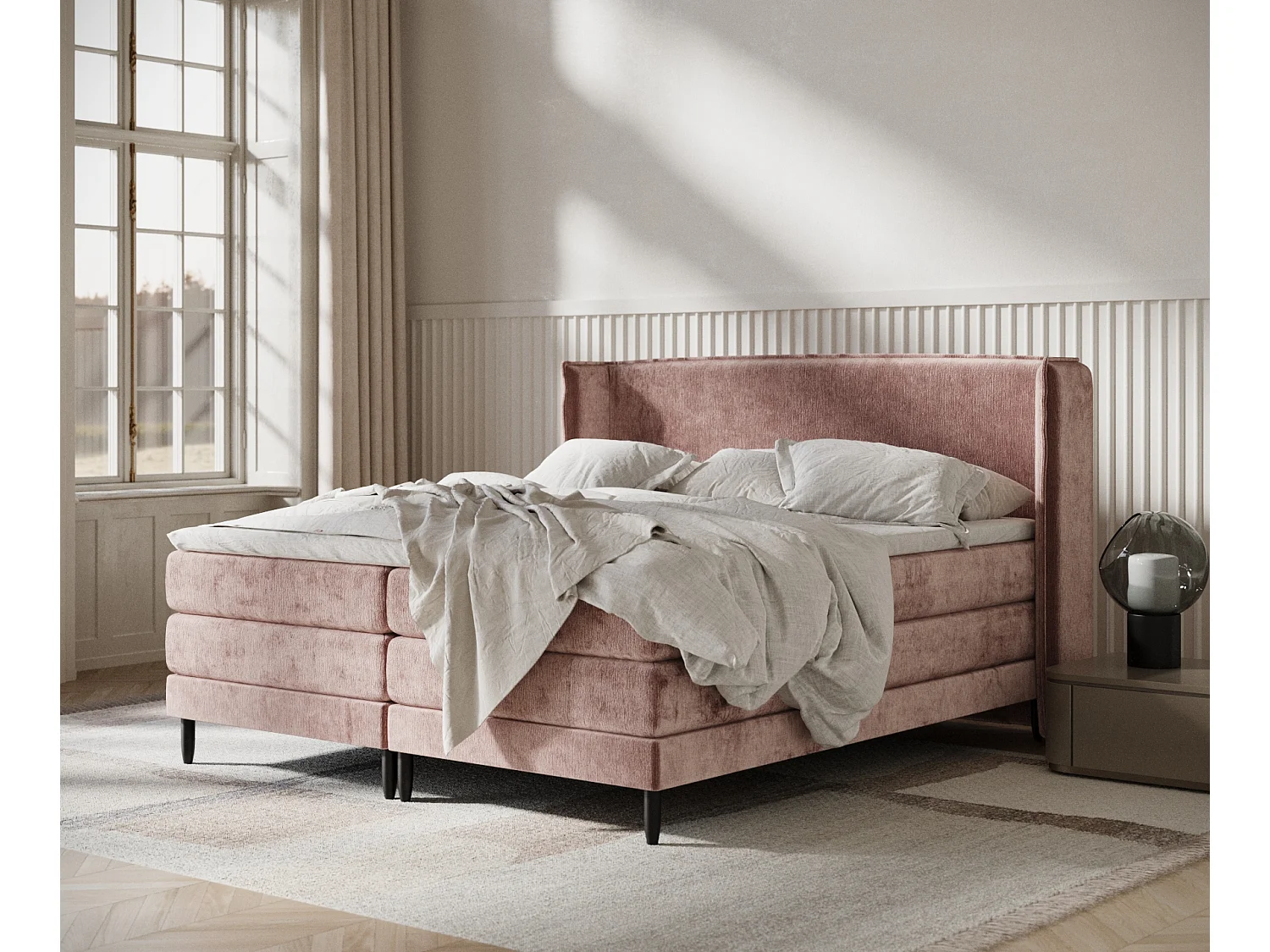 Łóżko boxspring w tkaninie szenilowej Carizzo - materac - topper - 160x200 cm - różowy 3980806 - obrazek 1