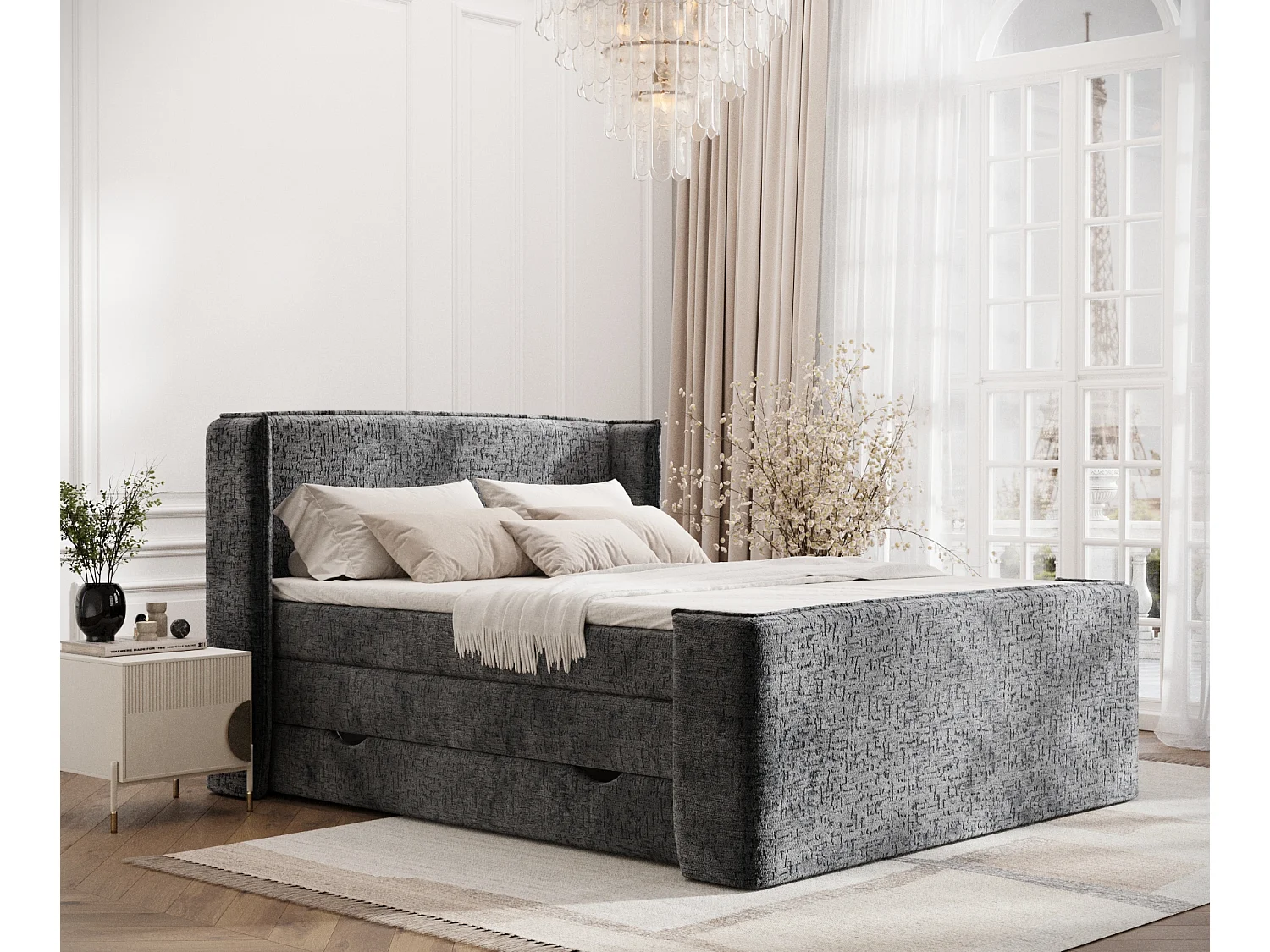 Łóżko boxspring w tkaninie szenilowej Freeland - materac - topper - 200x200 cm - antracytowy 3980825 - obrazek 1