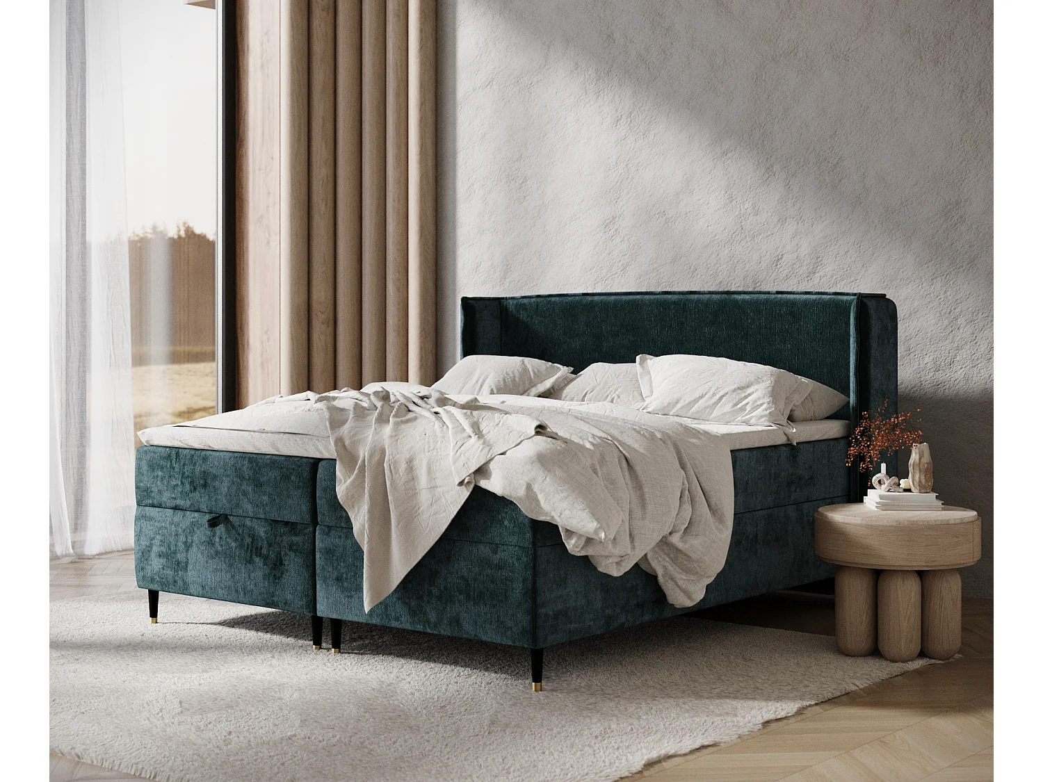 Łóżko boxspring w tkaninie szenilowej Monpelli – materac – topper – 140×200 cm – teal 3980830