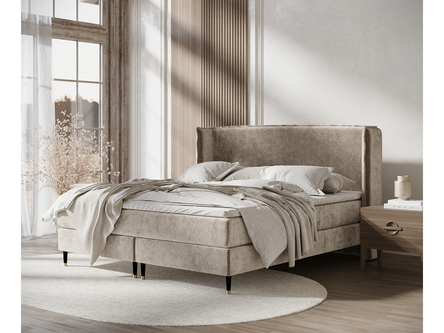 Łóżko boxspring w tkaninie szenilowej Ardis - materac - topper - 160x200 cm - beżowy 3980874 - obrazek 1
