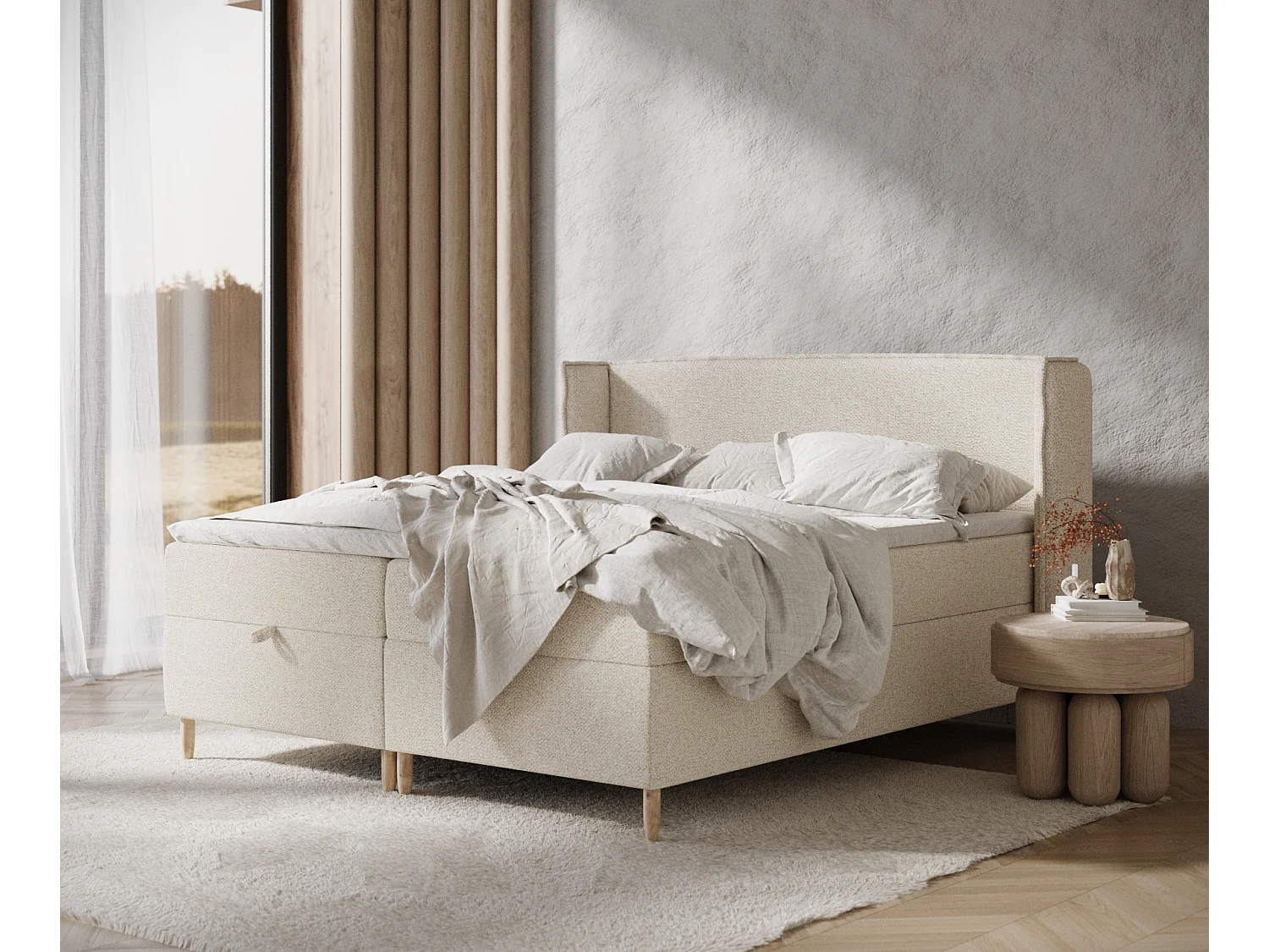 Łóżko boxspring w tkaninie boucle Monpelli – materac – topper – 180×200 cm – kremowy 3980889