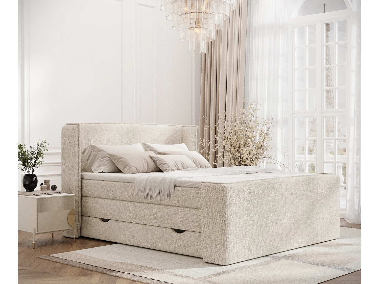 Łóżko boxspring w tkaninie boucle Freeland – materac – topper – 180×200 cm – kremowy 3980893