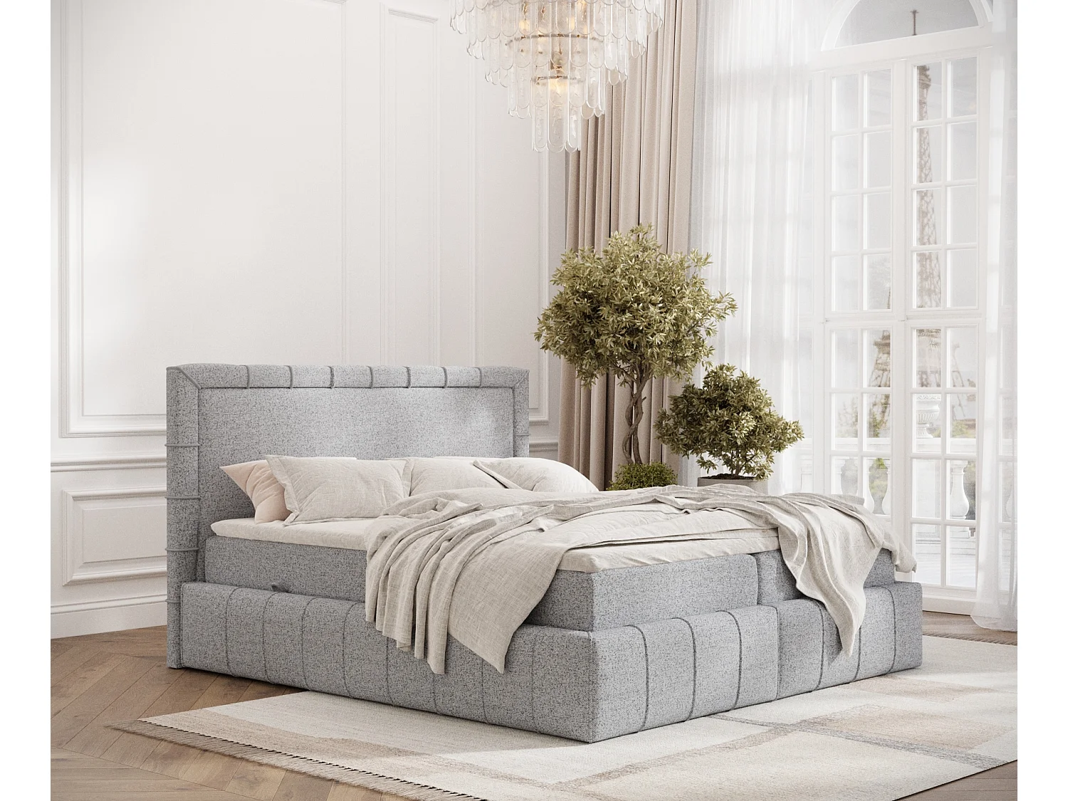 Łóżko boxspring w tkaninie plecionej Sundown - materac - topper - 180x200 cm - szary 3980896 - obrazek 1