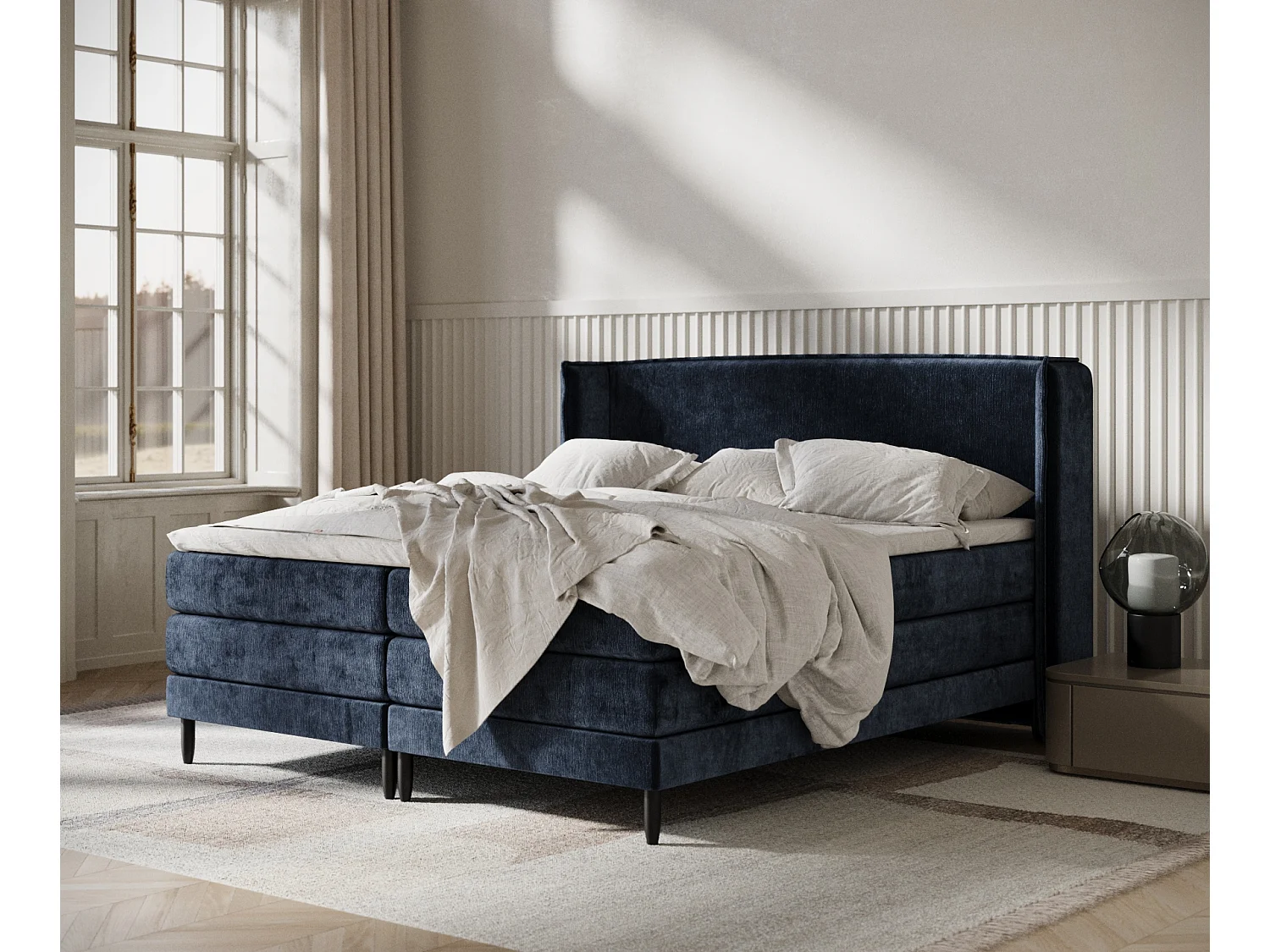 Łóżko boxspring w tkaninie szenilowej Carizzo - materac - topper - 160x200 cm - granatowy 3980922 - obrazek 1