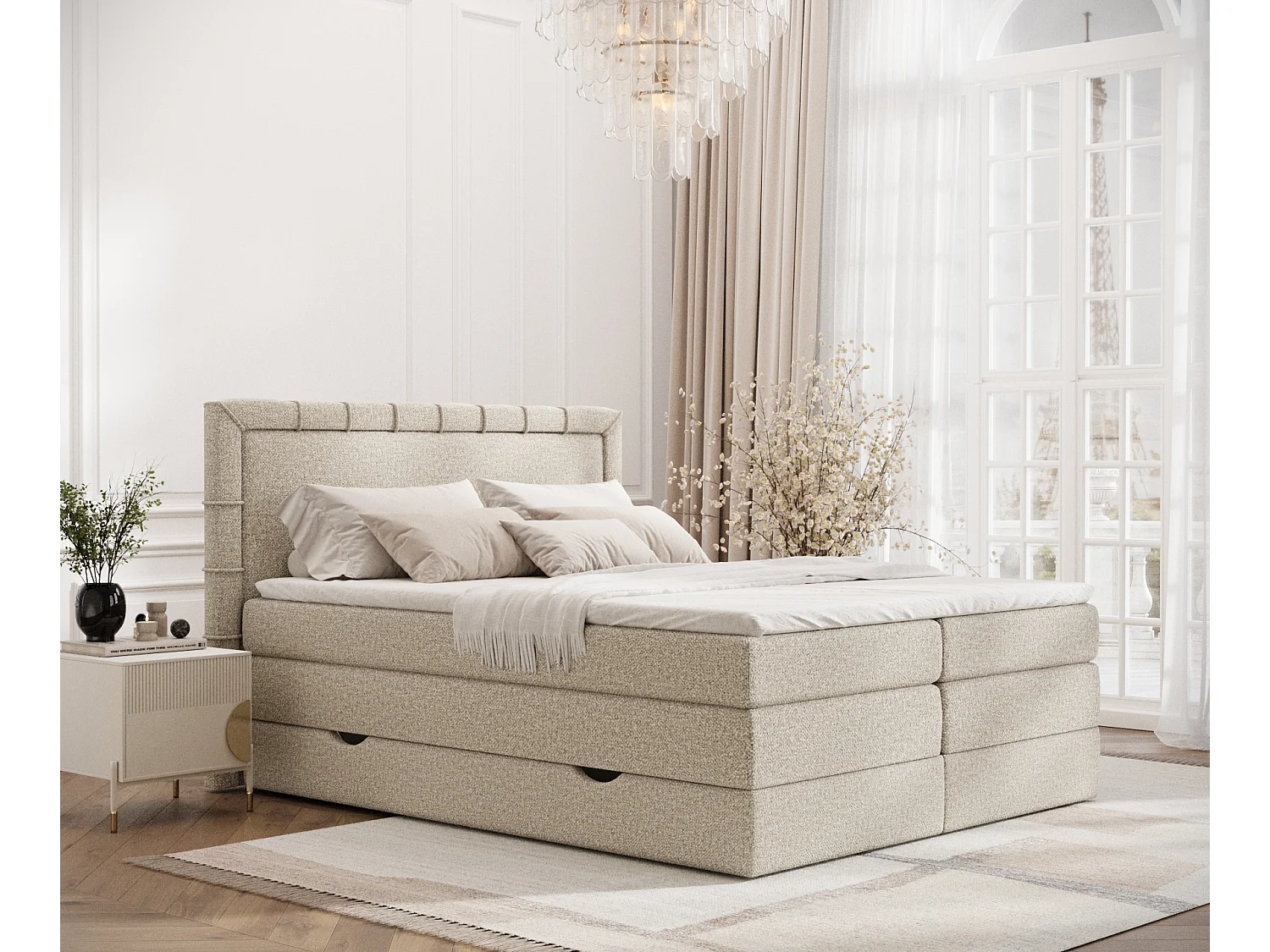 Łóżko boxspring w tkaninie boucle Rosabel – matelas – surmatelas – 180×200 cm – beżowy 3980926