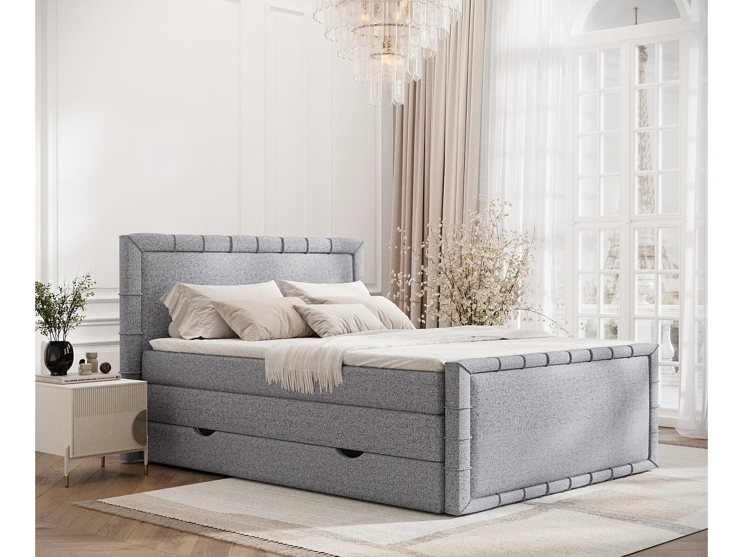 Łóżko boxspring w tkaninie plecionej Estelle - materac - topper - 160x200 cm - szary 3980942 - obrazek 1