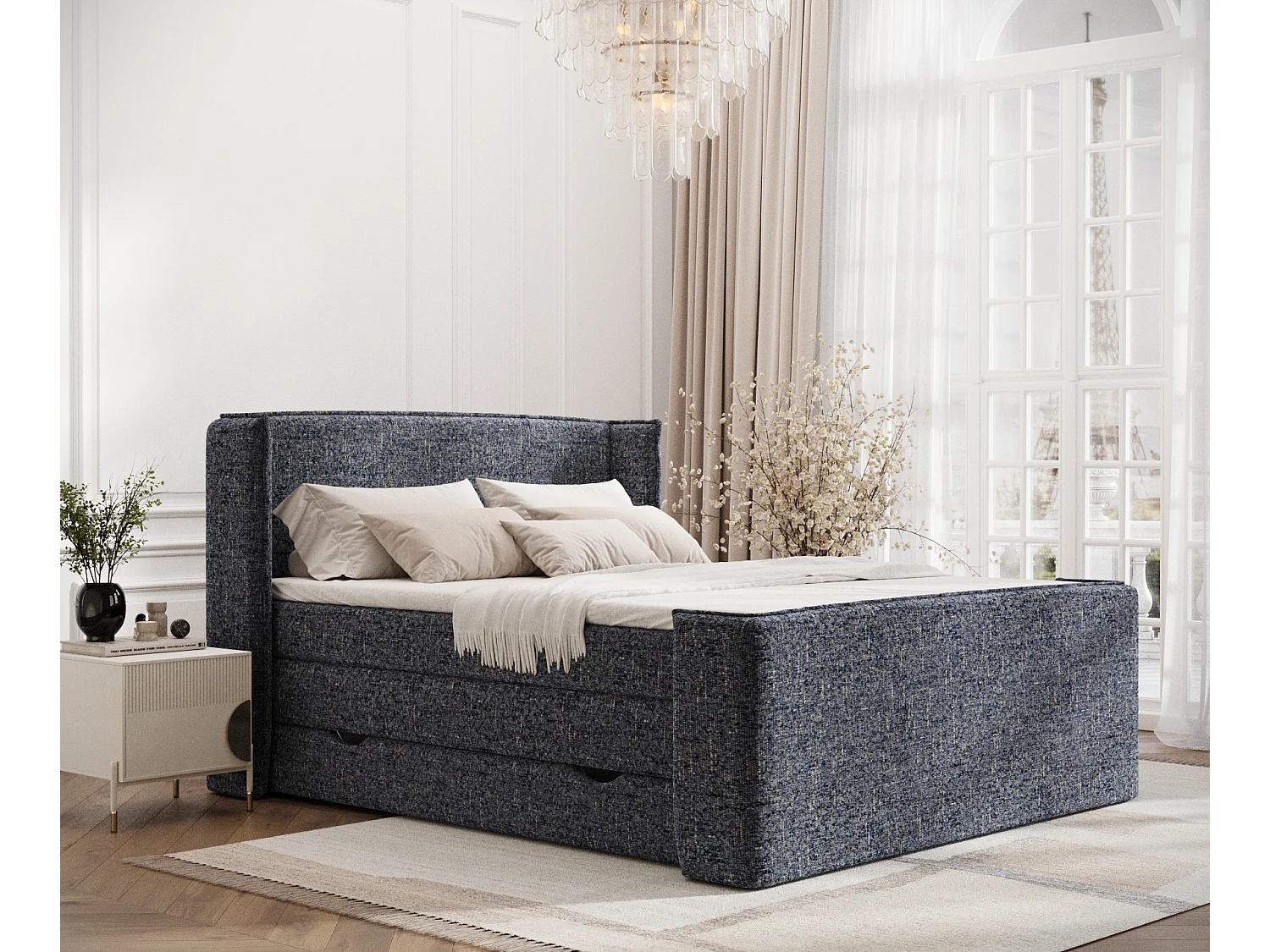 Łóżko boxspring w tkaninie plecionej Freeland - materac - topper - 200x200 cm - granatowy 3980941 - obrazek 1