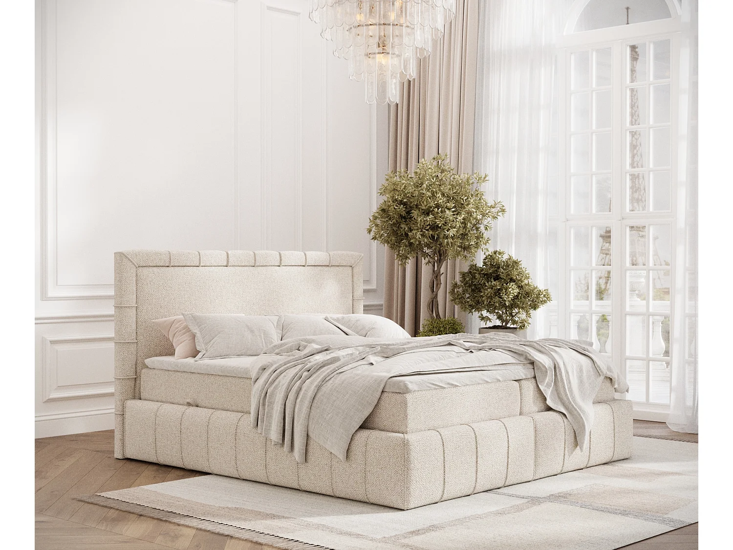 Łóżko boxspring w tkaninie boucle Sundown – materac – topper – 200×200 cm – kremowy 3980966