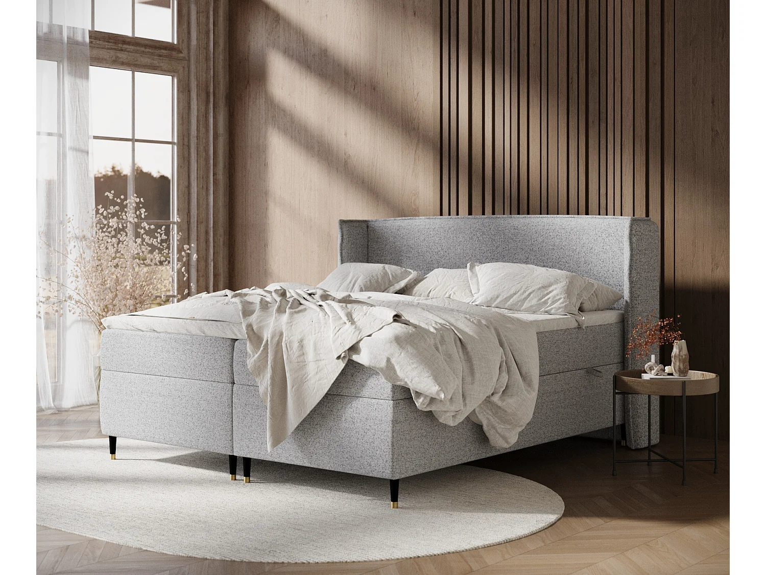 Łóżko boxspring w tkaninie plecionej Segni - materac - topper - 200x200 cm - szary 3980976 - obrazek 1