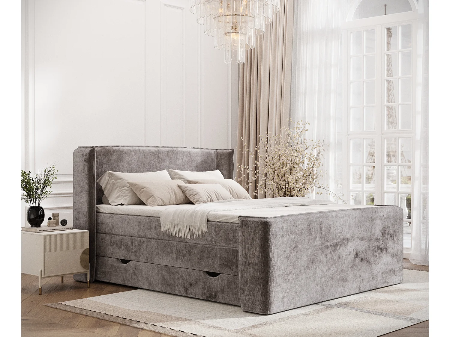 Łóżko boxspring w tkaninie szenilowej Freeland - materac - topper - 180x200 cm - beżowy 3980981 - obrazek 1