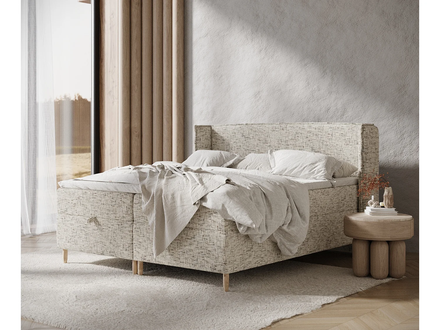 Łóżko boxspring w tkaninie plecionej Monpelli - materac - topper - 160x200 cm - beżowy melanż 3980989 - obrazek 1