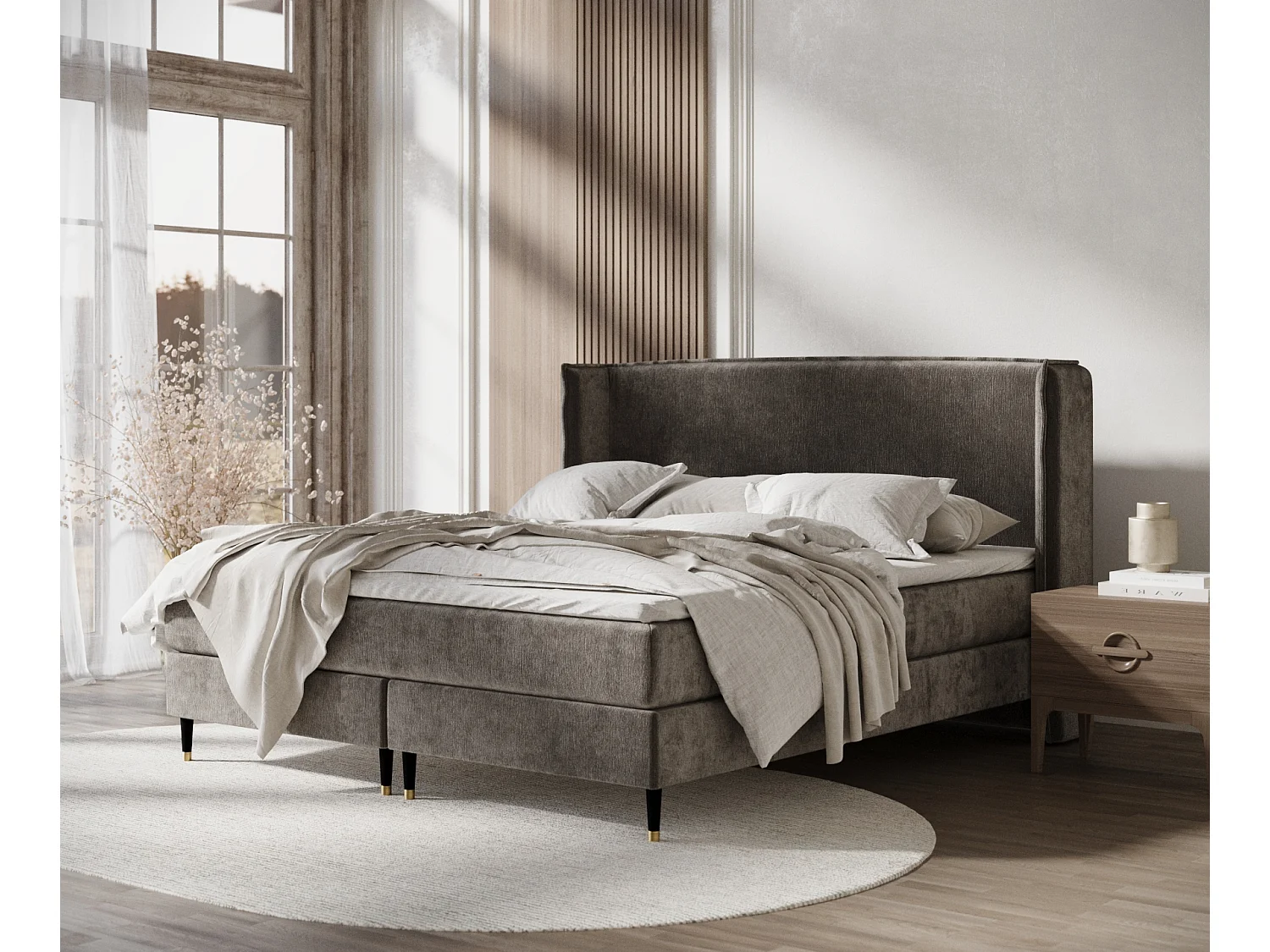 Łóżko boxspring w tkaninie szenilowej Ardis - materac - topper - 180x200 cm - brązowy 3980996 - obrazek 1