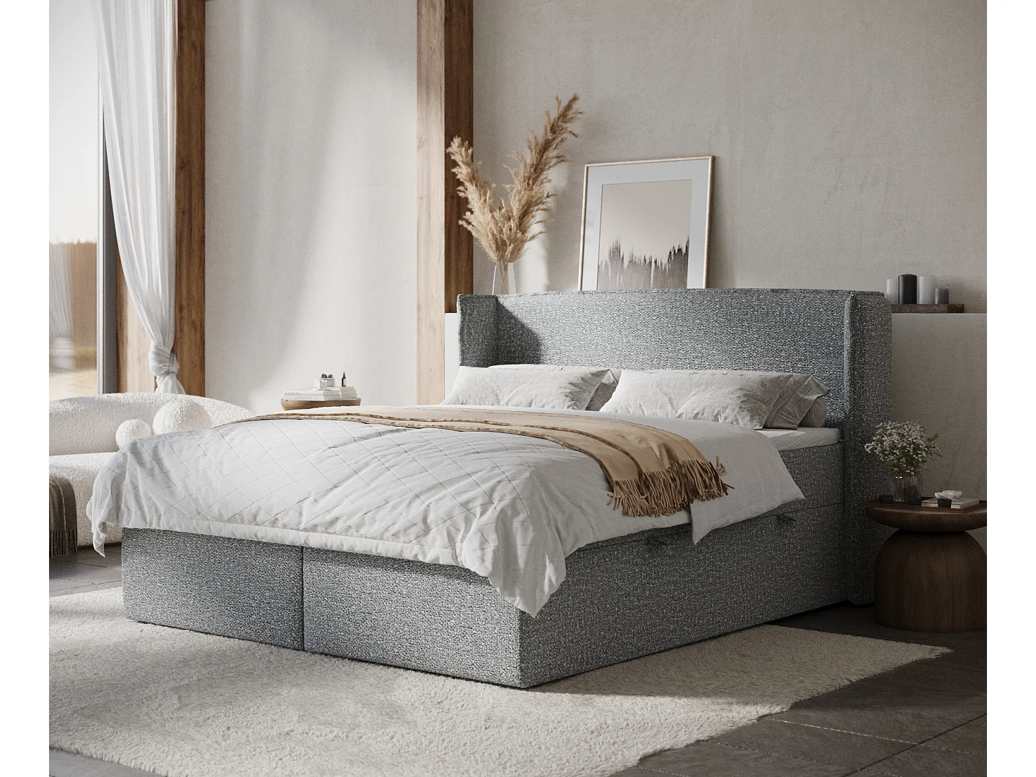 Łóżko boxspring w tkaninie boucle Skyline – materac – topper – 160×200 cm – szary 3981124