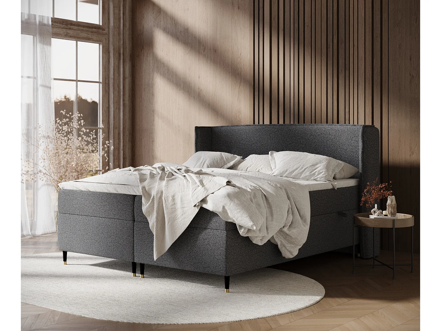 Łóżko boxspring w tkaninie plecionej Segni - materac - topper - 200x200 cm - czarny 3981123 - obrazek 1