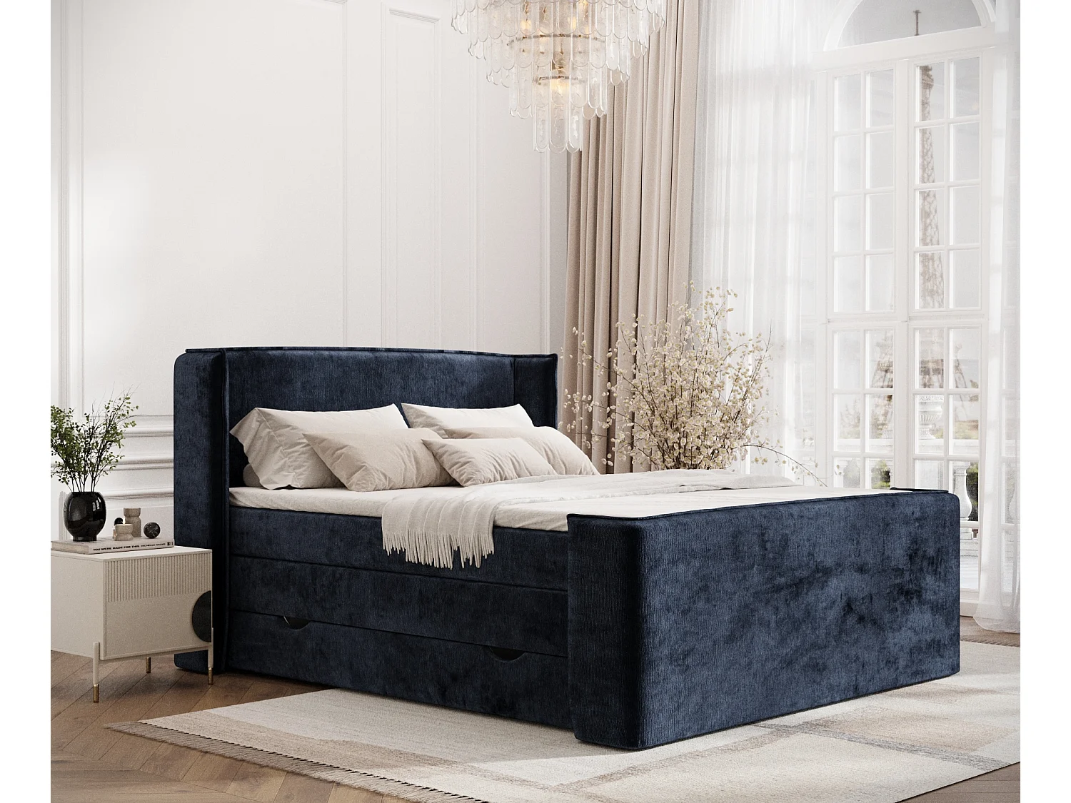 Łóżko boxspring w tkaninie szenilowej Freeland - materac - topper - 140x200 cm - granatowy 3981138 - obrazek 1