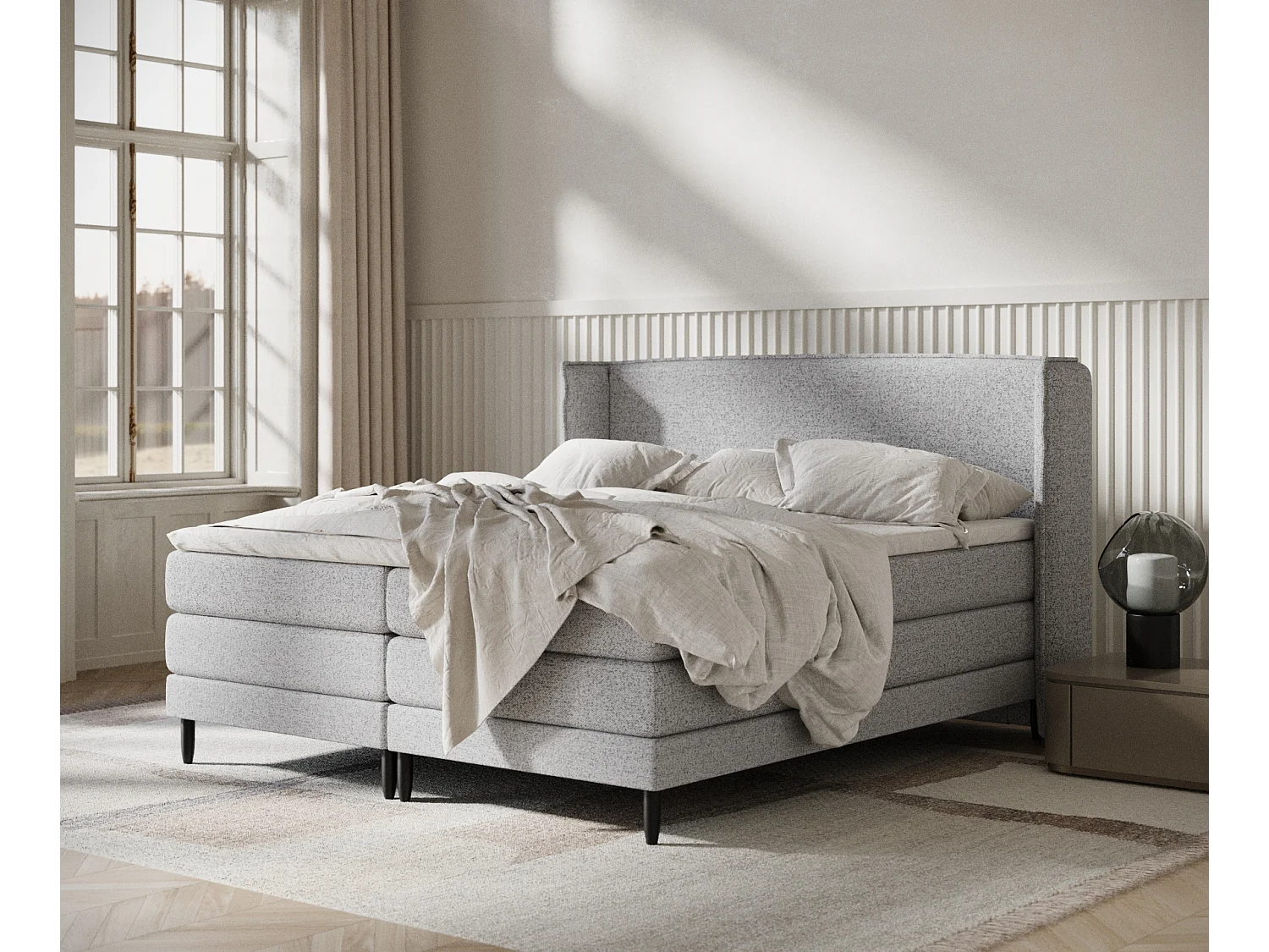 Łóżko boxspring w tkaninie plecionej Carizzo – materac – topper – 180×200 cm – szary 3981133