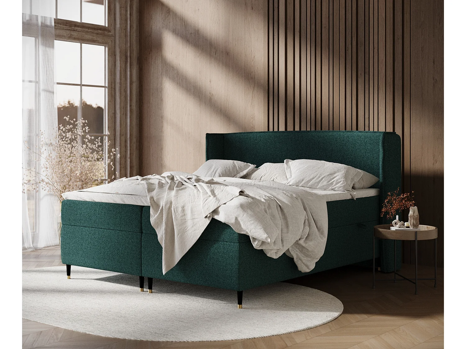 Łóżko boxspring w tkaninie plecionej Segni - materac - topper - 180x200 cm - zielony 3981143 - obrazek 1