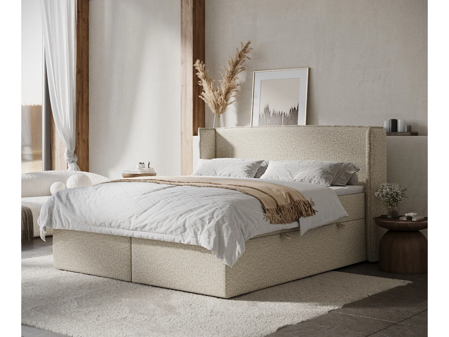 Łóżko boxspring w tkaninie boucle Skyline – materac – topper – 140×200 cm – beżowy 3981153