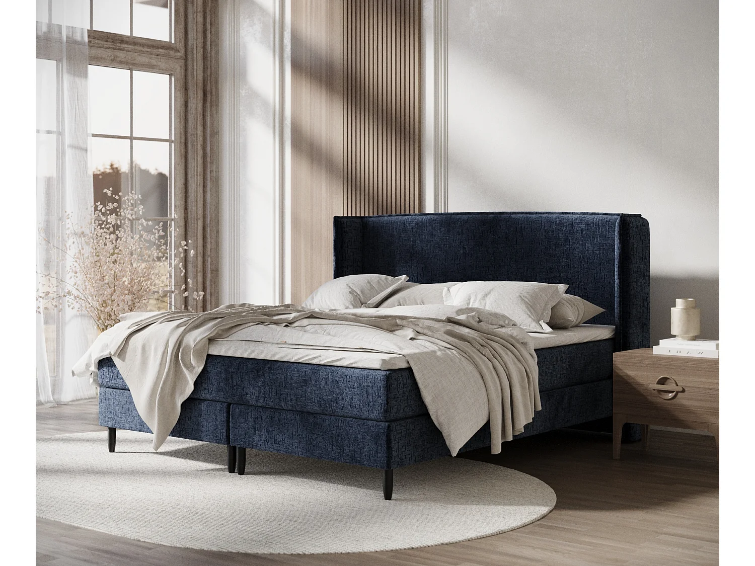 Łóżko boxspring w tkaninie szenilowej Ardis - materac - topper - 140x200 cm - granatowy 3981155 - obrazek 1