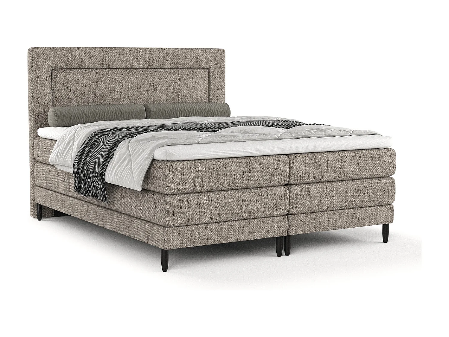 Łóżko boxspring w tkaninie plecionej Madame - materac - topper - 180x200 cm - jasnobrązowy 3981158 - obrazek 1