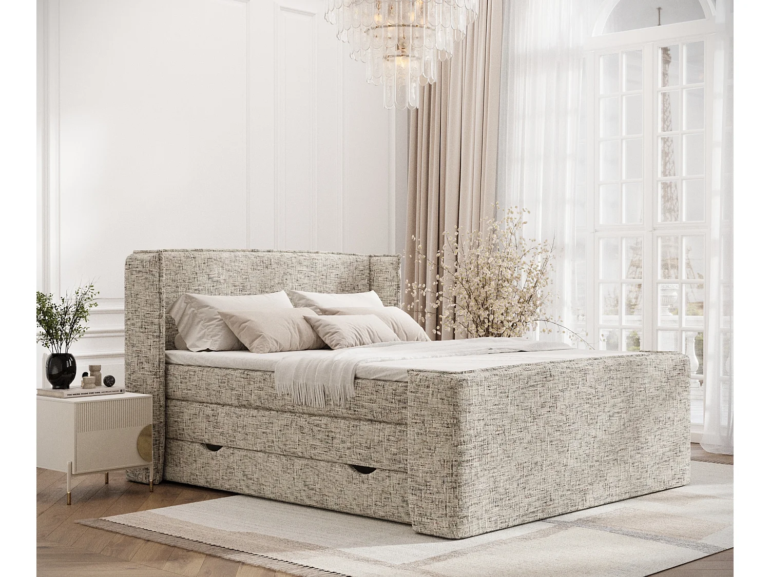 Łóżko boxspring w tkaninie plecionej Freeland - materac - topper - 180x200 cm - beżowy melanż 3981163 - obrazek 1