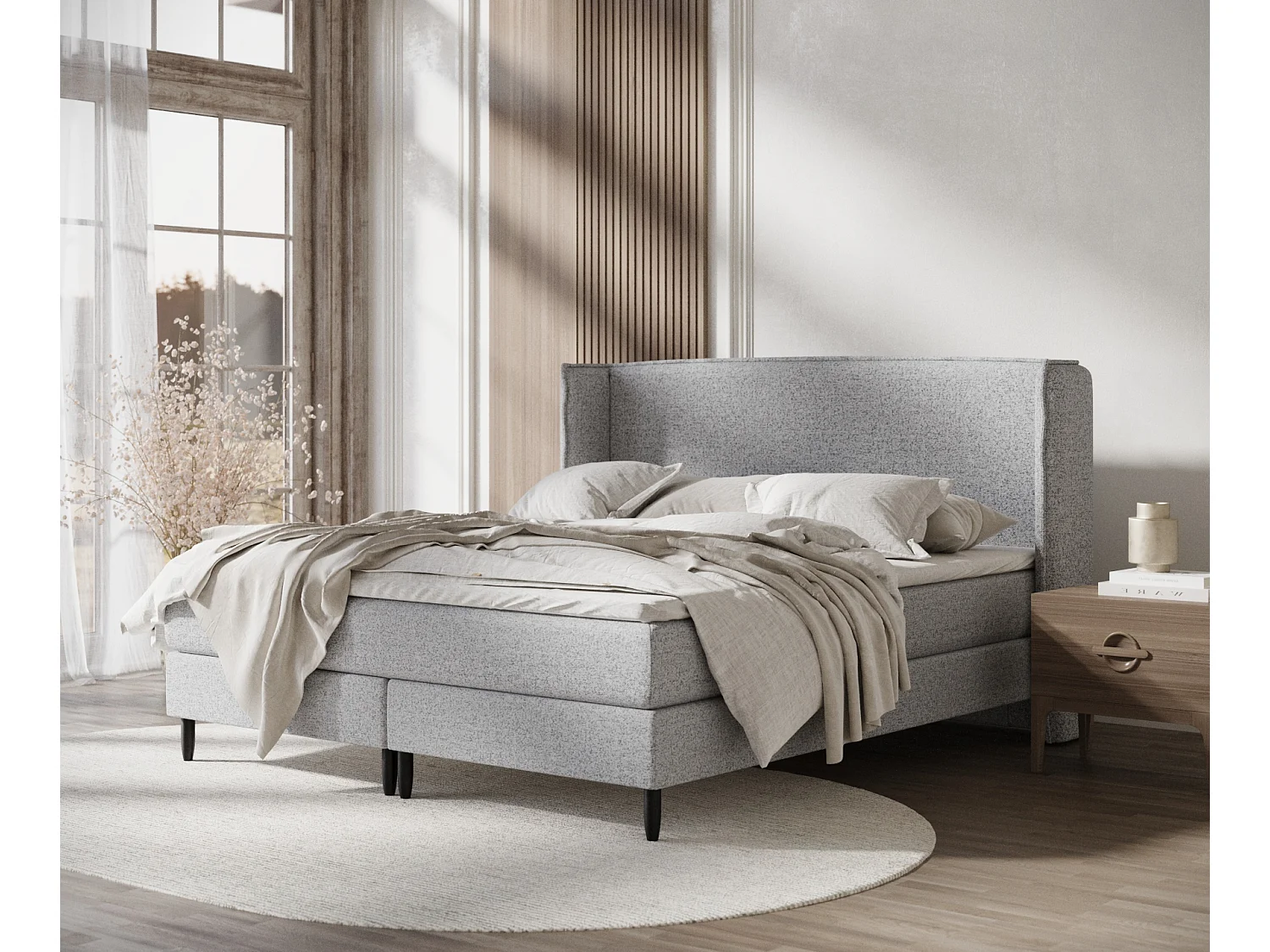 Łóżko boxspring w tkaninie plecionej Ardis – materac – topper – 200×200 cm – szary 3981168