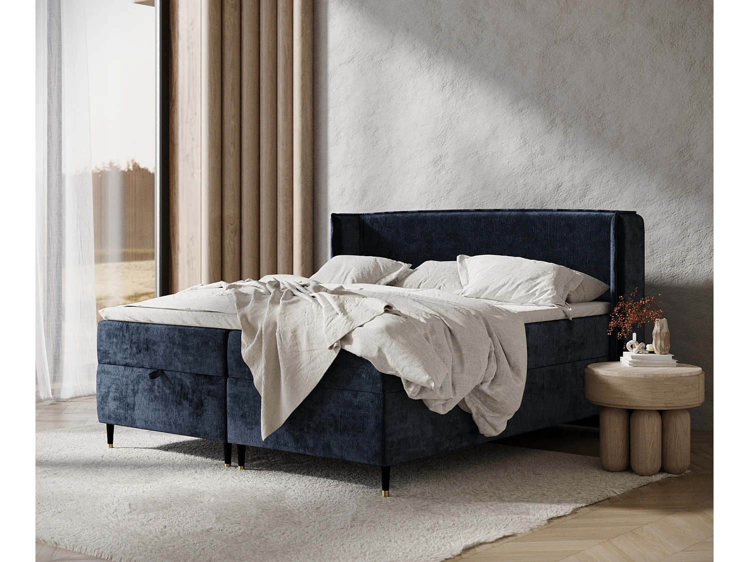 Łóżko boxspring w tkaninie szenilowej Monpelli - materac - topper - 140x200 cm - granatowy 3981189 - obrazek 1