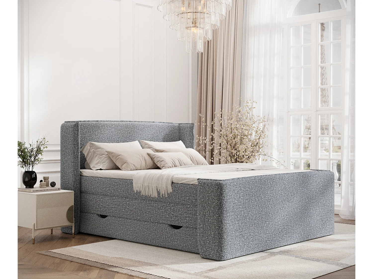 Łóżko boxspring w tkaninie boucle Freeland – materac – topper – 200×200 cm – szary 3981203