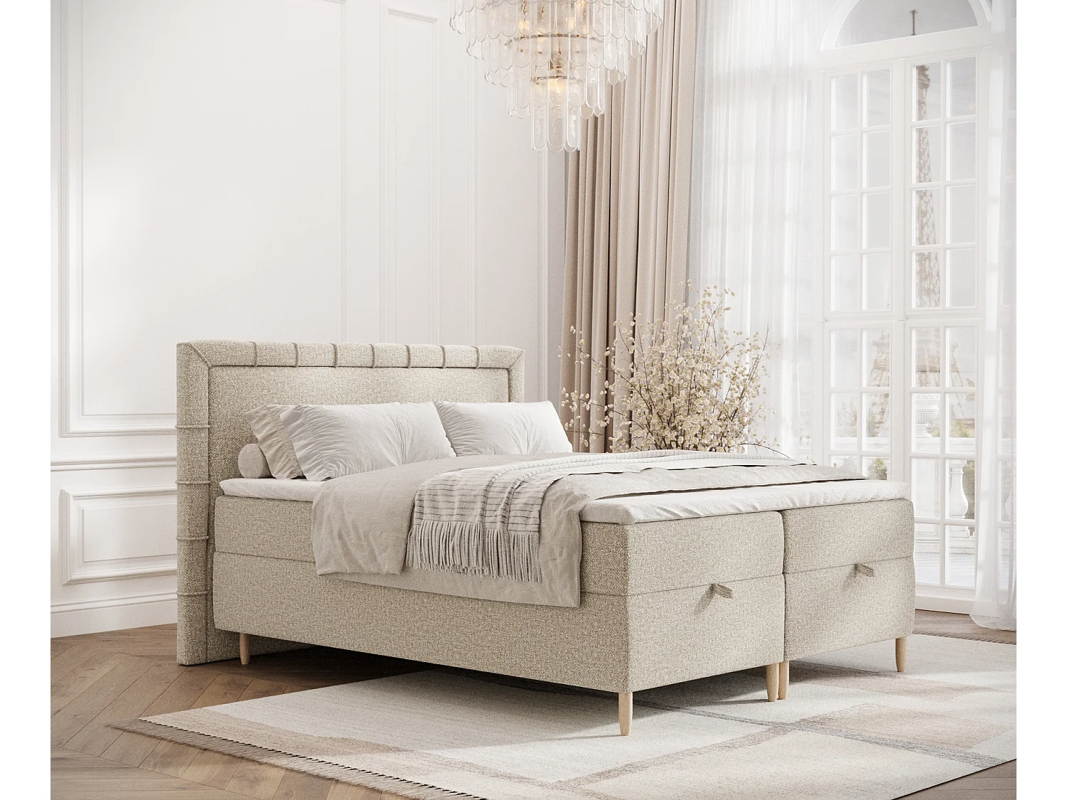 Łóżko boxspring w tkaninie boucle Voyage – materac – topper – 140×200 cm – beżowy 3981212
