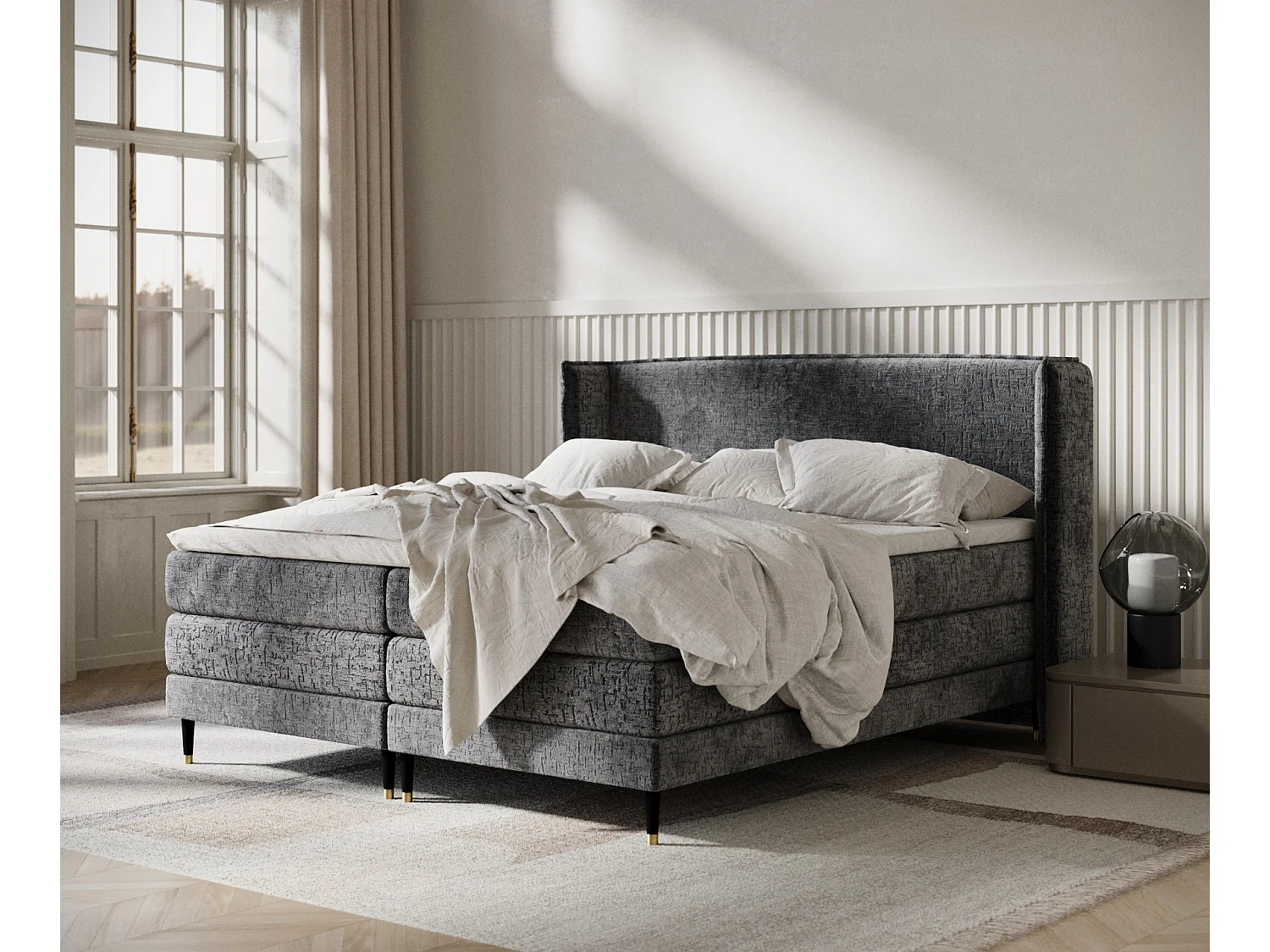Łóżko boxspring w tkaninie szenilowej Carizzo - materac - topper - 180x200 cm - antracytowy 3981210 - obrazek 1