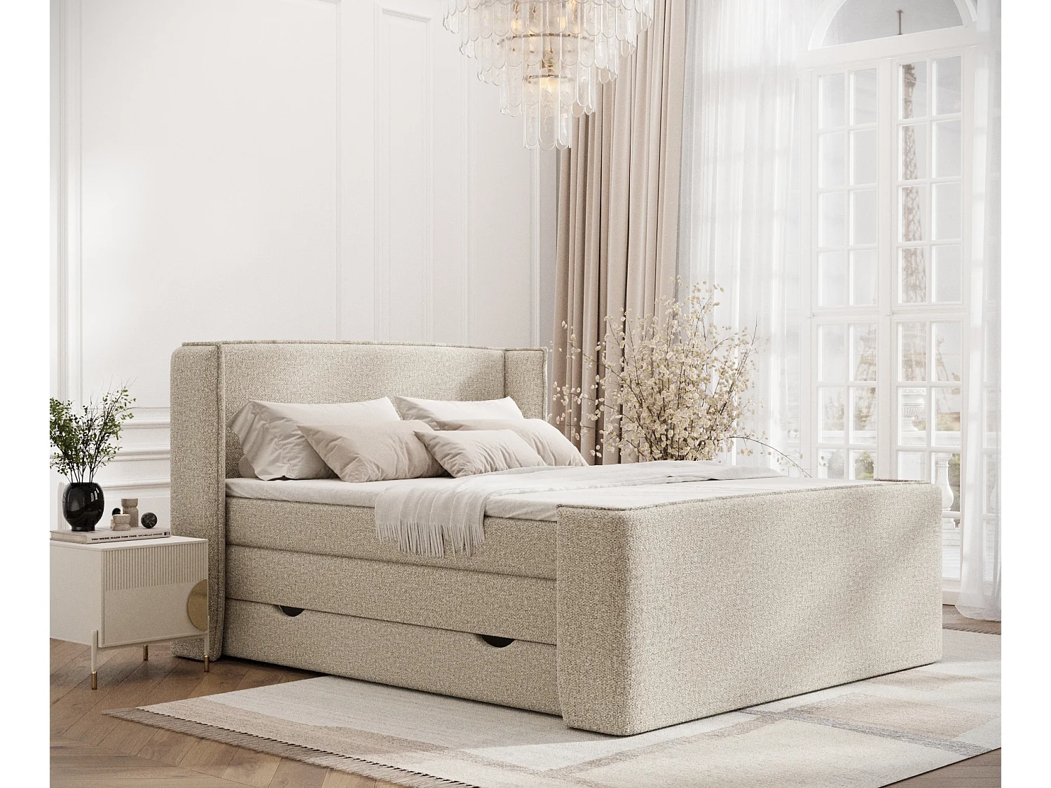 Łóżko boxspring w tkaninie boucle Freeland – materac – topper – 180×200 cm – beżowy 3981224