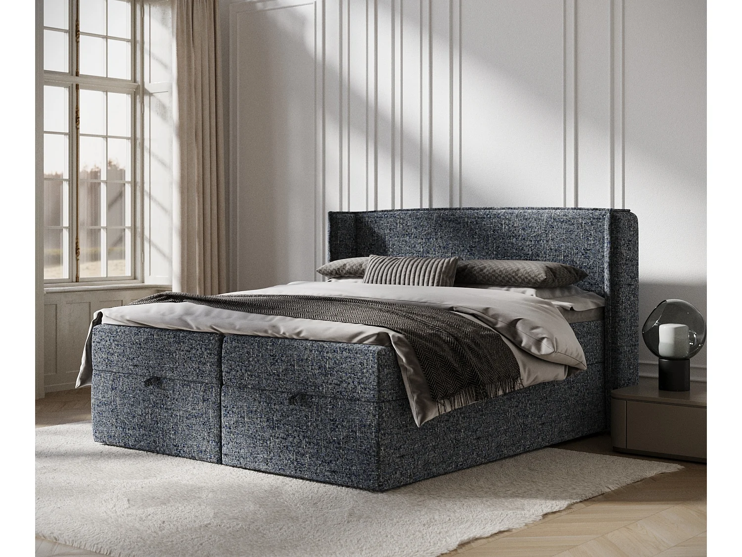 Łóżko boxspring w tkaninie plecionej Passion - materac - topper - 180x200 cm - granatowy 3981227 - obrazek 1