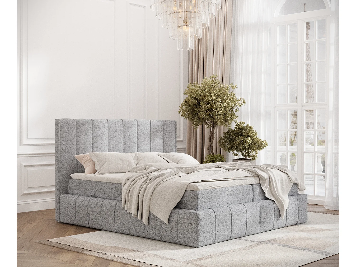 Łóżko boxspring w tkaninie plecionej Moretti - materac - topper - 160x200 cm - szary 3981229 - obrazek 1