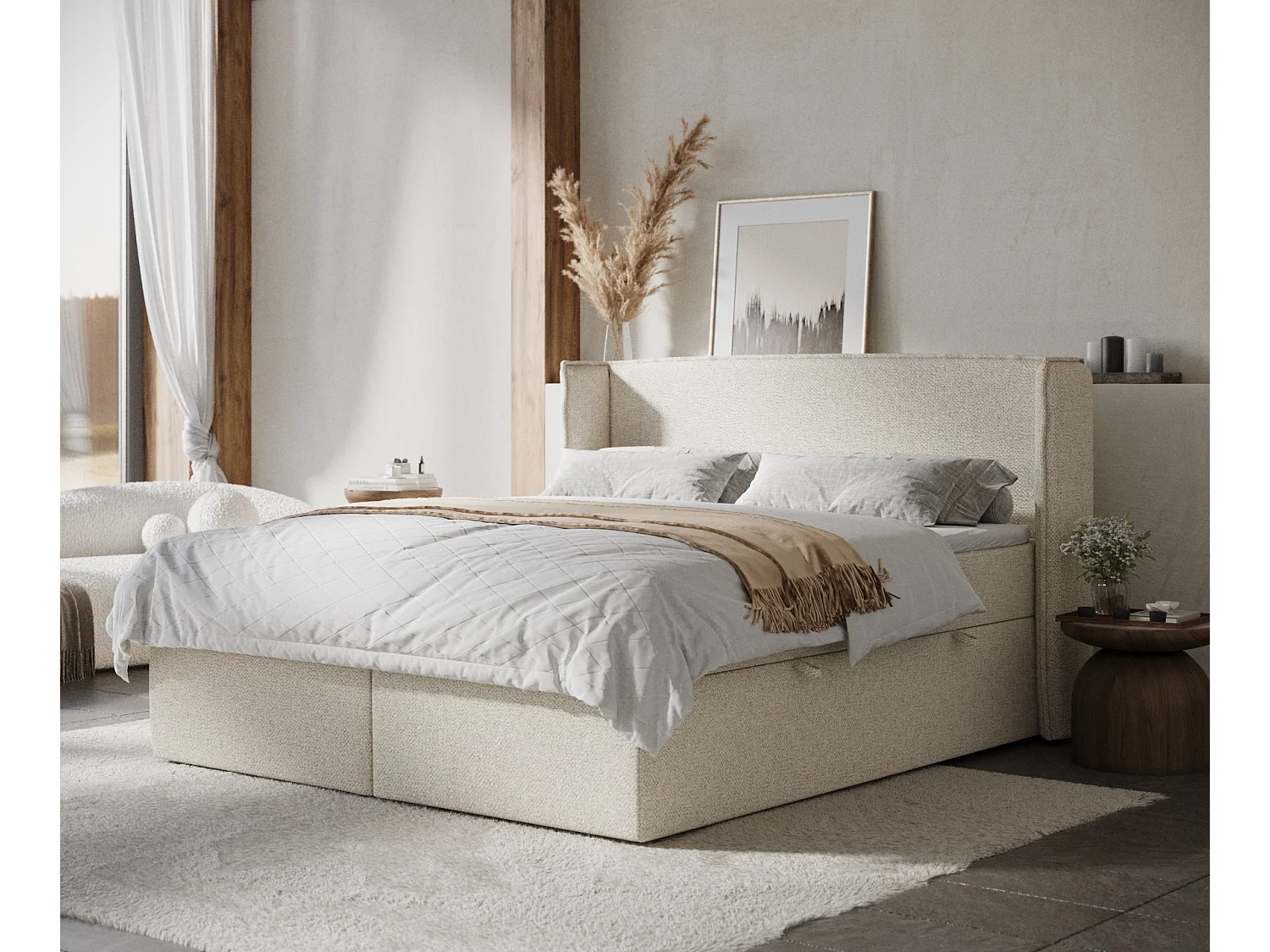 Łóżko boxspring w tkaninie boucle Skyline – materac – topper – 200×200 cm – kremowy 3981232