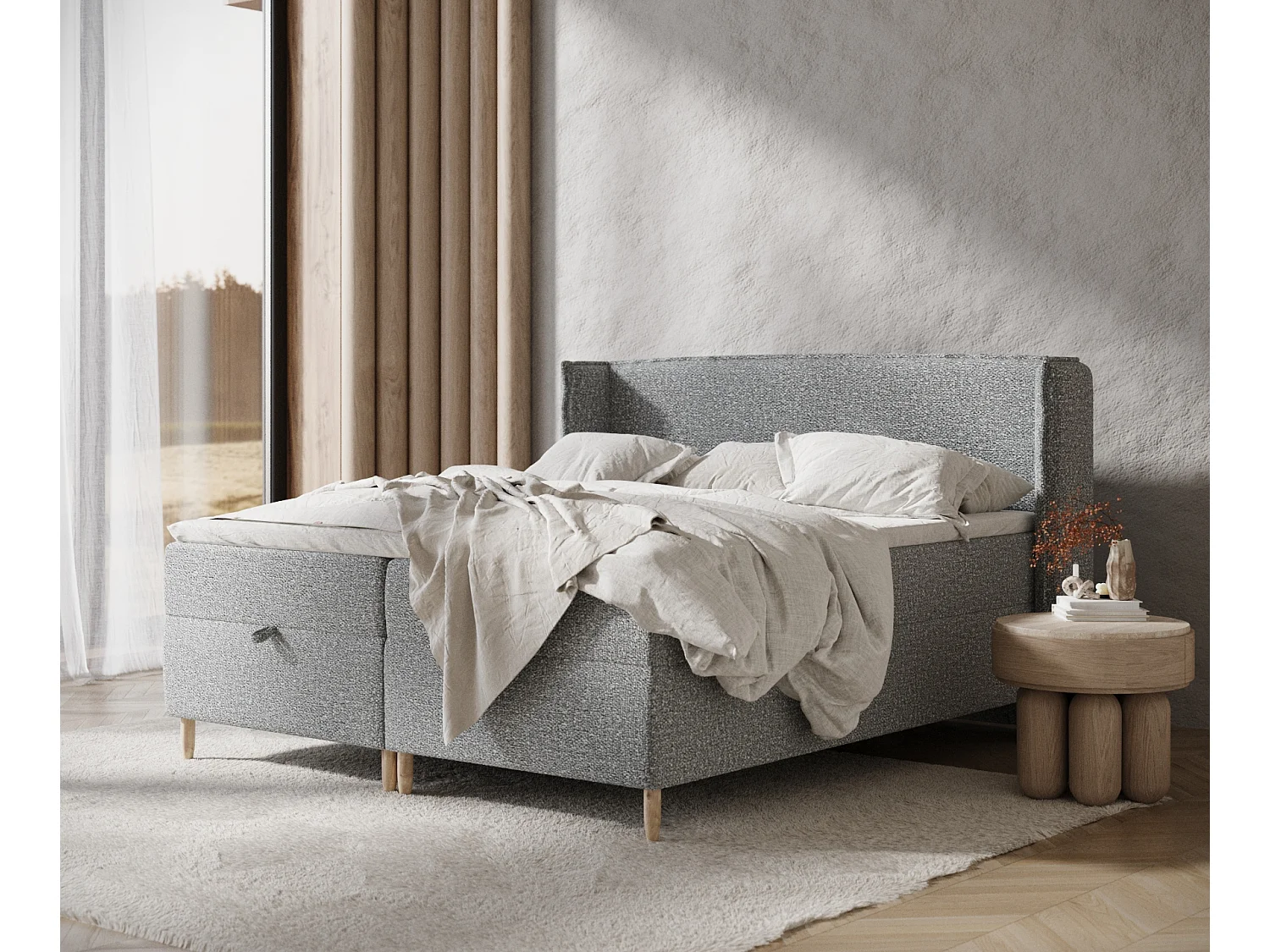 Łóżko boxspring w tkaninie boucle Monpelli – materac – topper – 200×200 cm – szary 3981250
