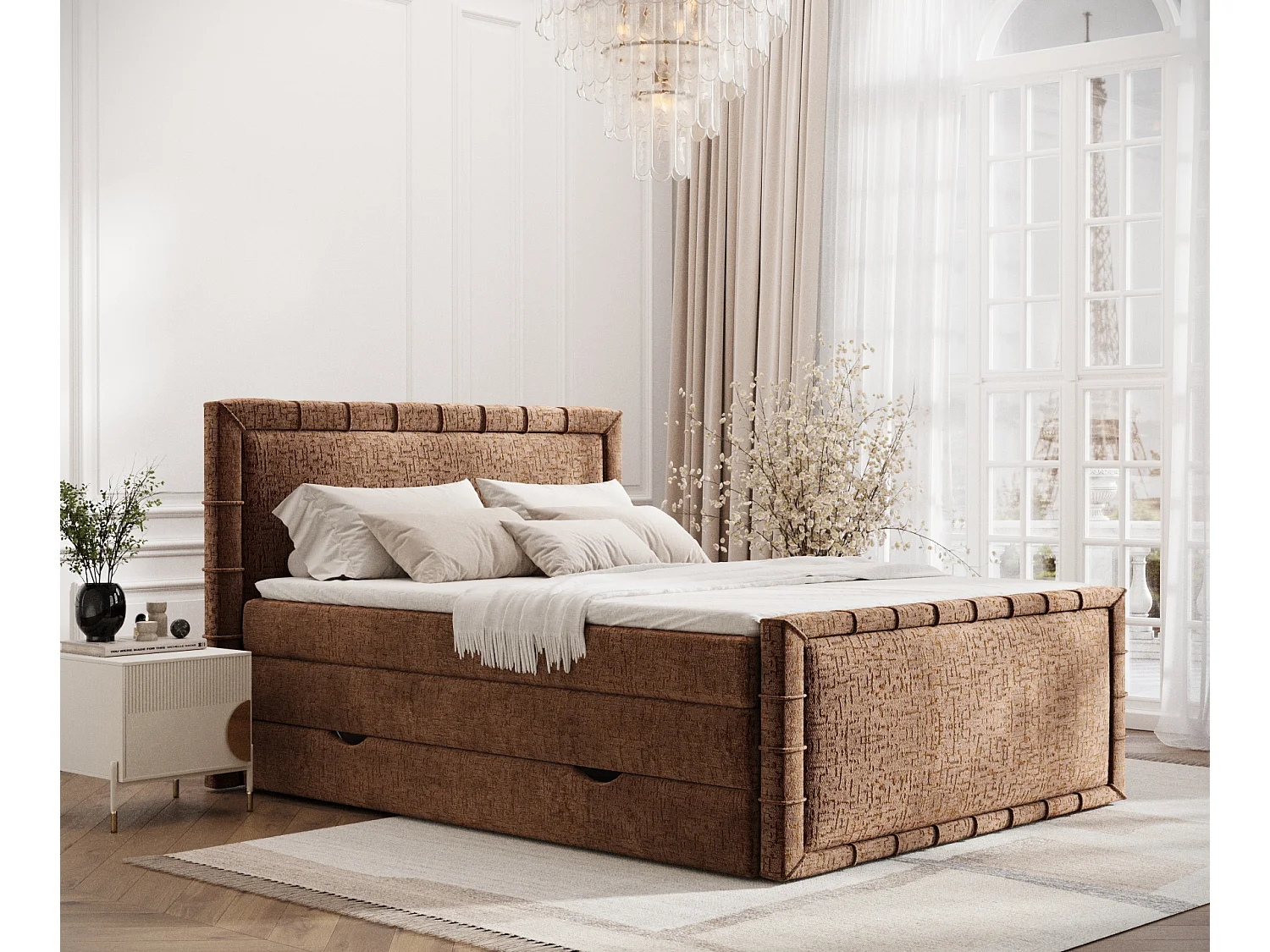 Łóżko boxspring w tkaninie szenilowej Estelle - materac - topper - 180x200 cm - miedziany 3981245 - obrazek 1