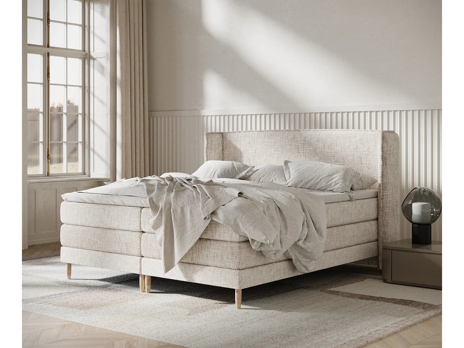 Łóżko boxspring w tkaninie plecionej Carizzo – materac – topper – 200×200 cm – kremowy 3981259